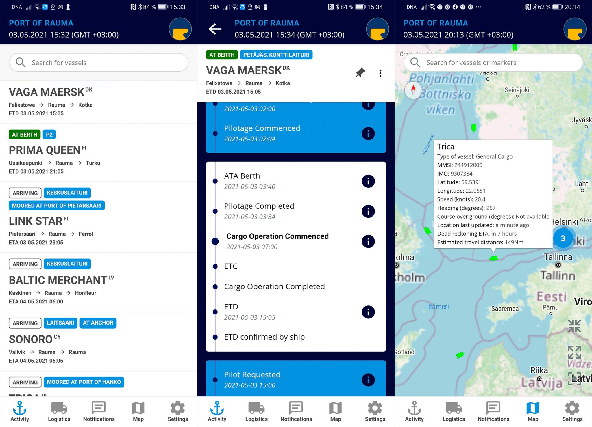 Satamasovellus Screenshot of the port application.