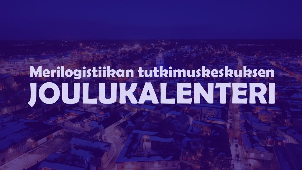 Violetti tausta. Valkoisella teksti Merilogistiikan tutkimuskeskuksen joulukalenteri.