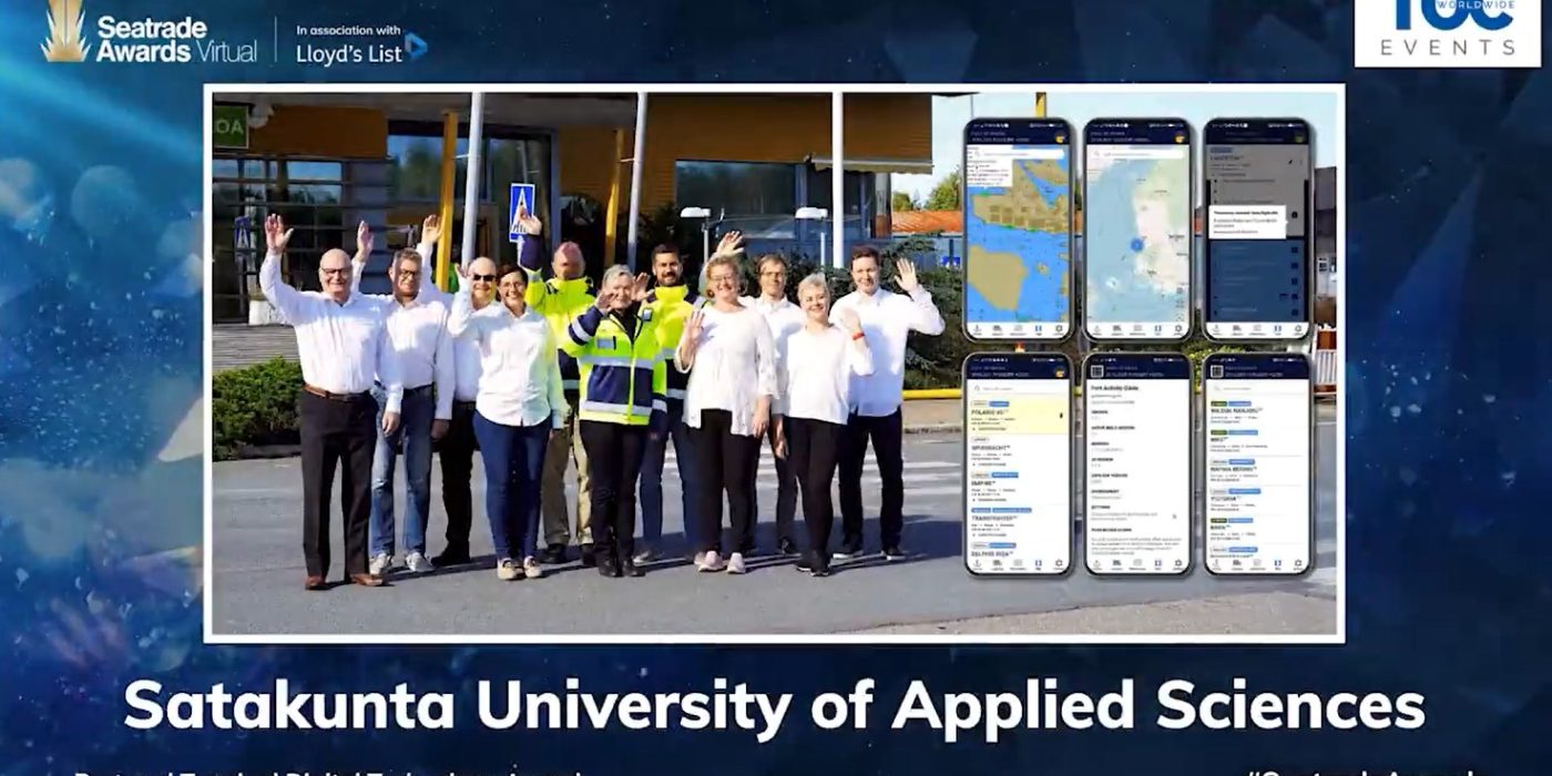 Kuvankaappaus Seatrade Awardsista. Samkin väki vilkuttaa kuvassa.