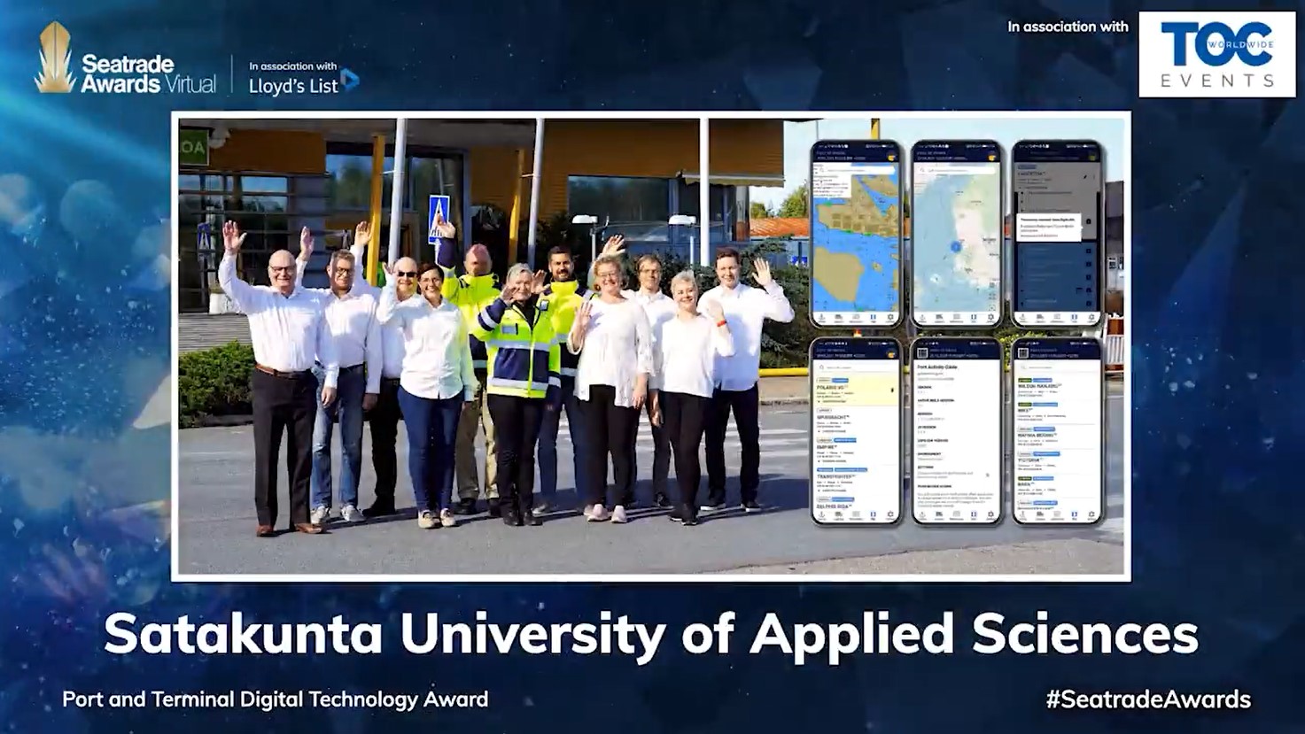 Kuvankaappaus Seatrade Awardsista. Samkin väki vilkuttaa kuvassa.