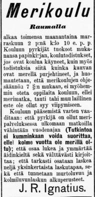 Vanha uutiskuva Merikoulun perustamisesta.
