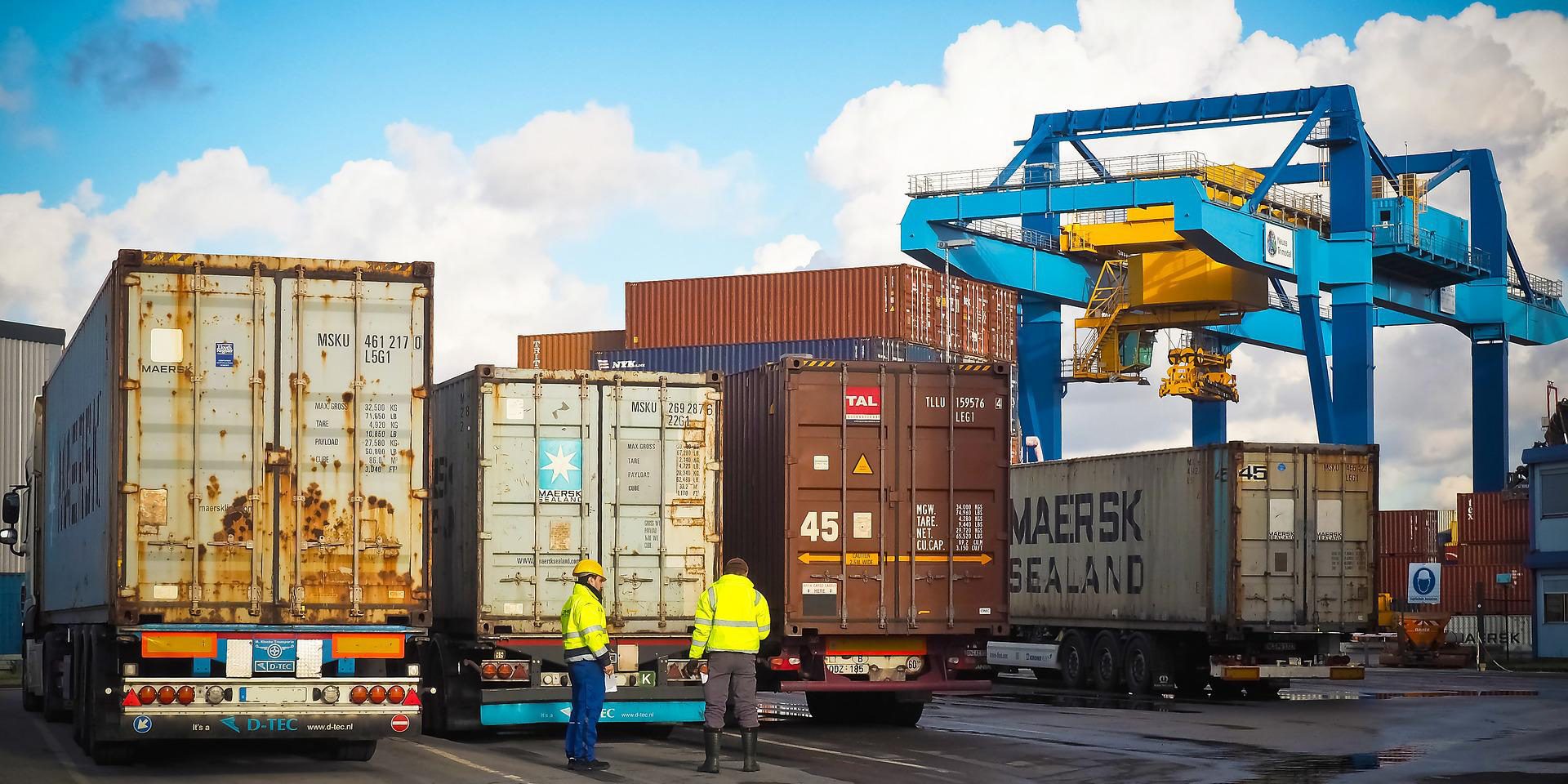 Container trucks at a port.