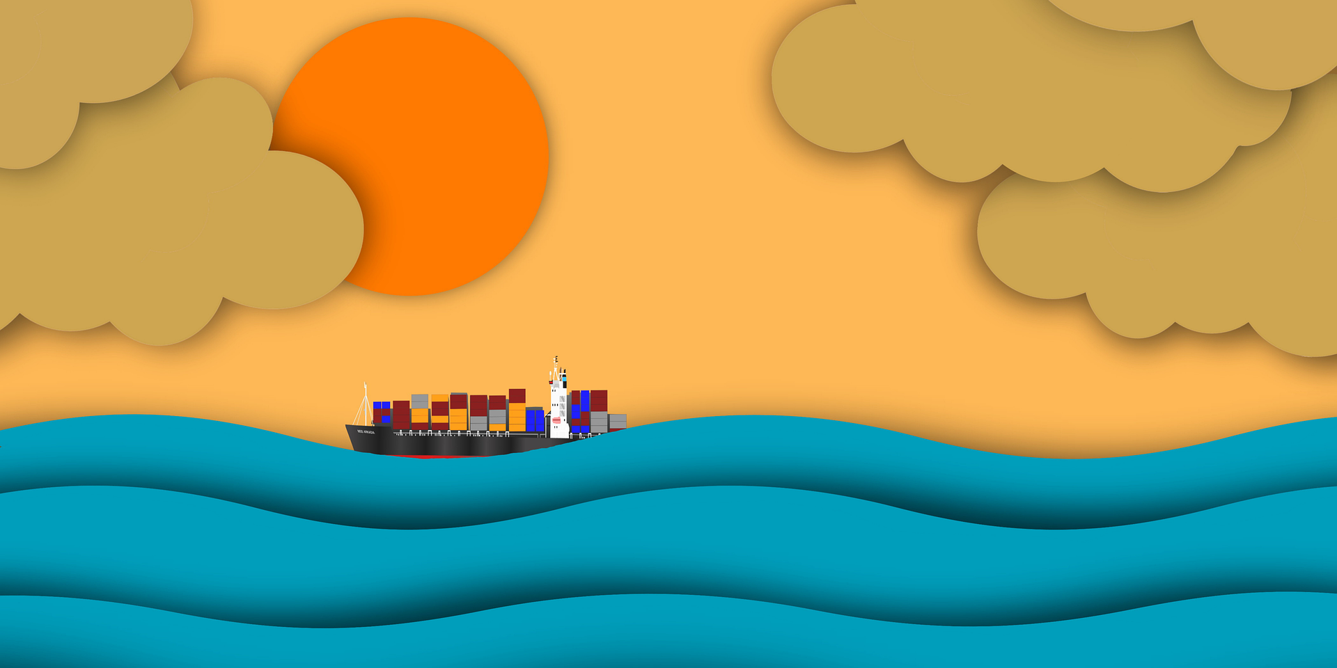 Ship with cargo in sunrise.