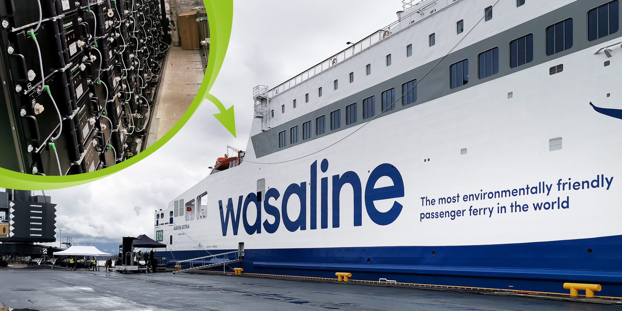 Wasaline ship at port together with an image of a battery system.